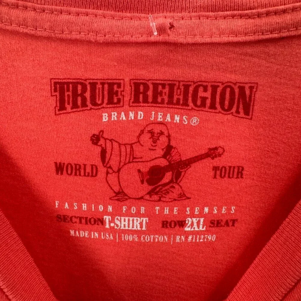 True Religion Red Puff Logo T-Shirt Mens 2XL Made In USA Graphic Buddha Design